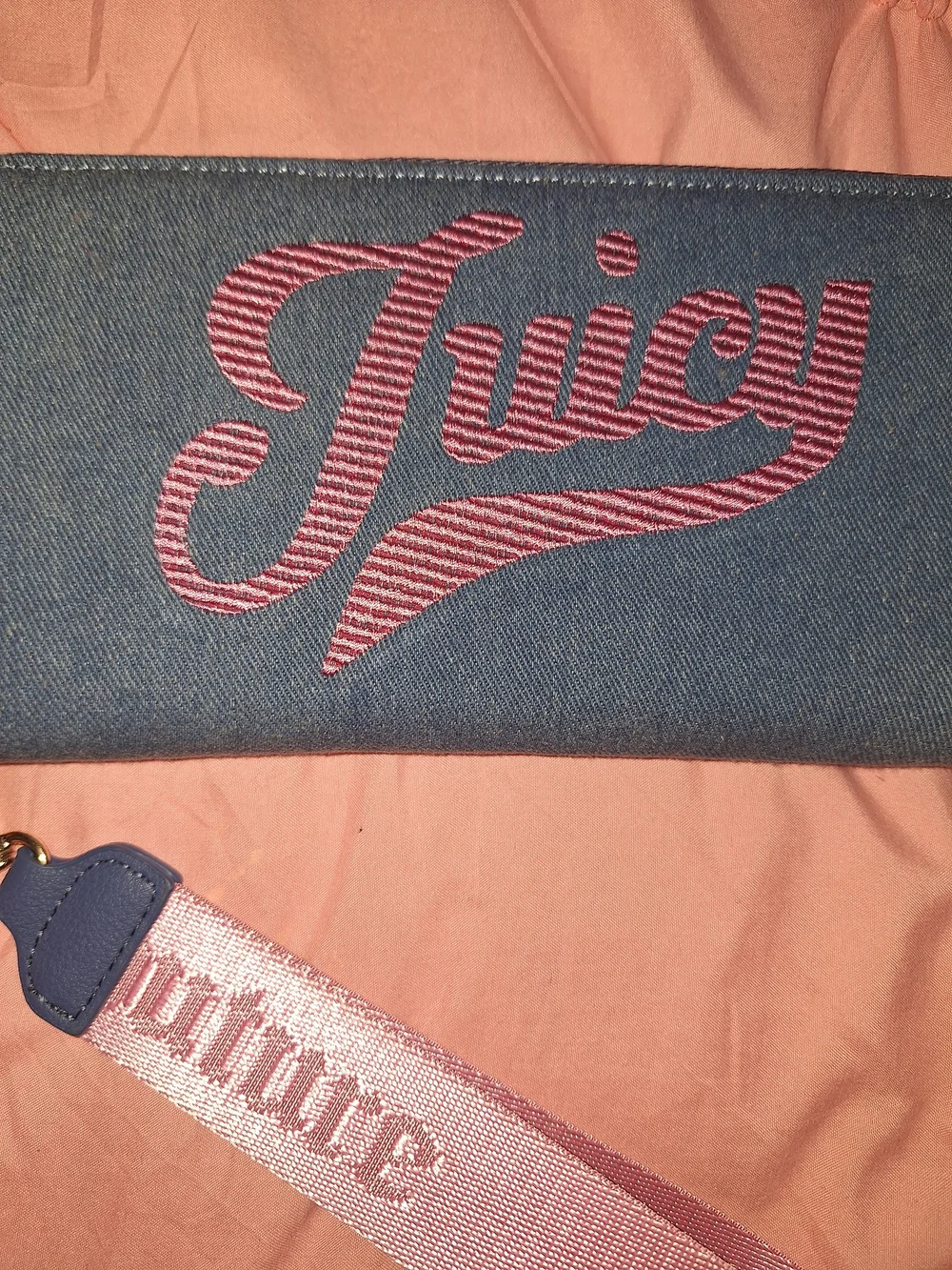 EXCLUSIVE Juicy Couture Blue Denim Zip Wallet with Pink Logo Strap
